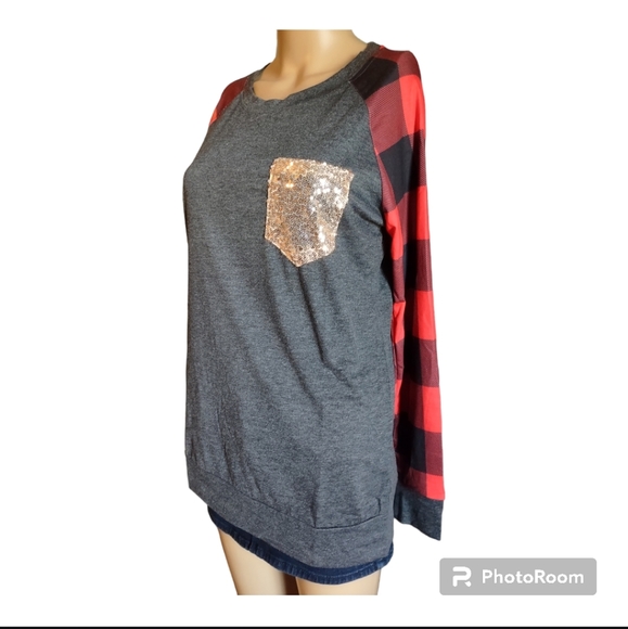"NEW" Bling Pocket Women's Buffalo Plaid Top - Picture 5 of 9
